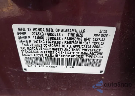 2009 Honda Ridgeline Rtl z USA, uszkodzony, nr VIN 5FPYK16519B103522